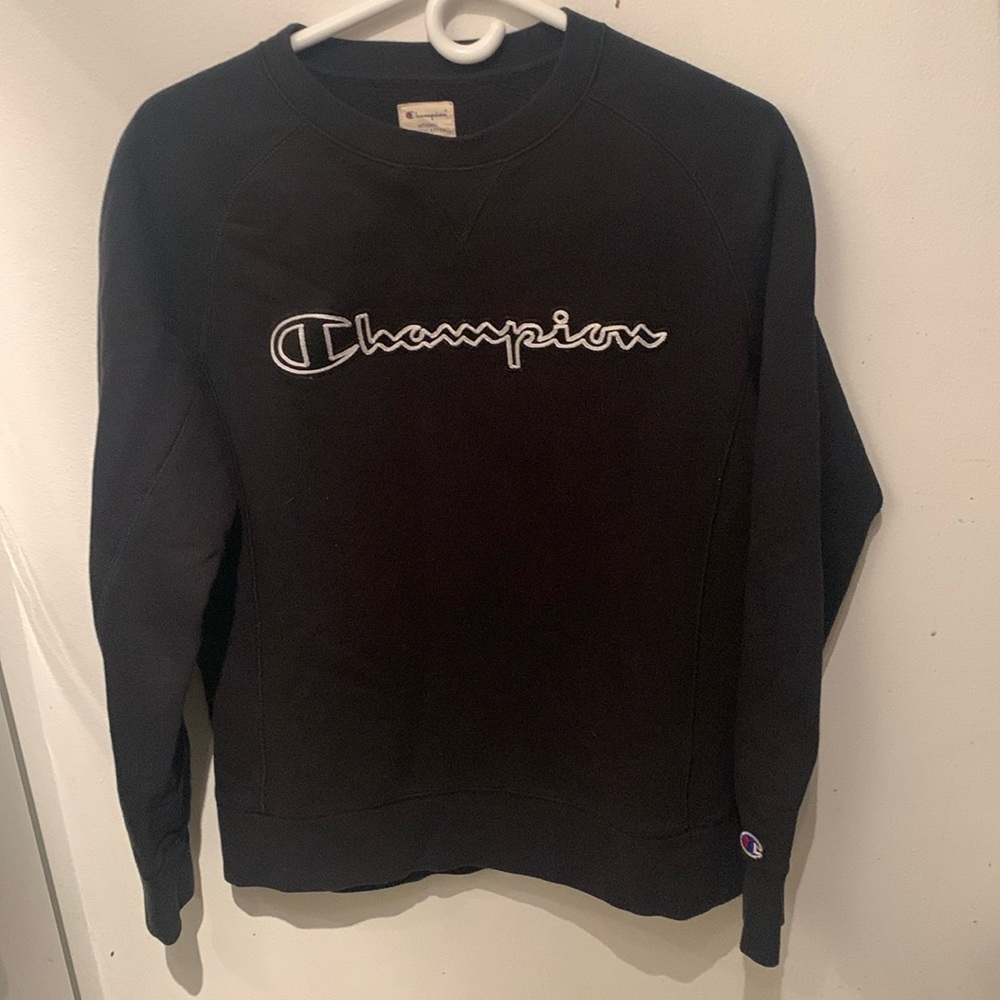 Sleek Black Champion Crewneck Sweatshirt with Silver Stitched Logo SZ Small
